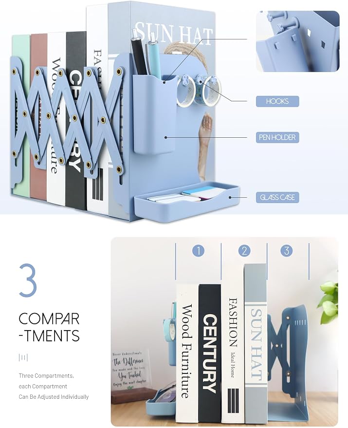 Heavy Duty Bookends Adjustable Book End, Desk Book Holder for Shelves, Book Organizer for Desk, Suitable for Office Home School (19.69 inches Max) (Blue)
