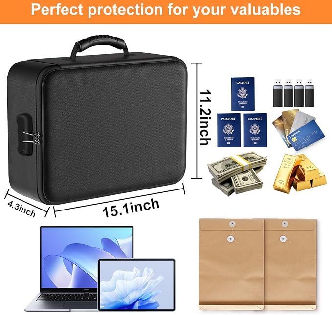 Fireproof Document Box, Multi-Layer Heat Insulated Fire and waterproof office bag with lock，Portable family outdoor travel bags are suitable for storing important documents and valuable.