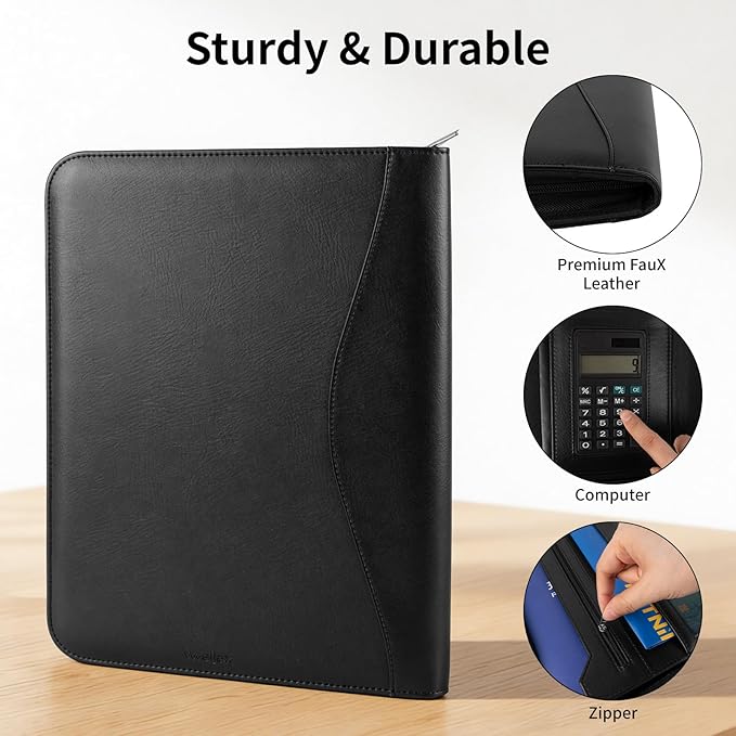 Professional Padfolio with Calculator,Faux Leather Portfolio Folder Binder,Letter Size A4 Legal Writing Pad Holder for Business School Office Conference Notepad Clip Boards (Black)