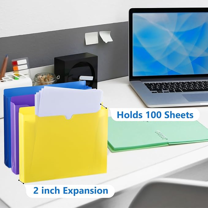 Dunzoom 50 Pack File Jackets Letter Size 2 Inch Stylish Expansion Manila Plastic File Folders Expandable Heavy Duty Reinforced Straight Cut Tab Expandable Document Jacket for Office