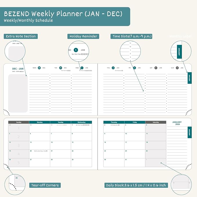 BEZEND Pocket Planner 2026 Weekly and Monthly (6" x 3.75") Small Calendar Book with Daily Vertical Timeslot (Jan-Dec), Equal Space Even Weekend, Work Home Women, PU Leather Hardcover - Prussian Blue