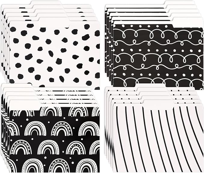 Whaline 24 Pack Black White File Folders Letter Size Squiggle Dot Stripe Rainbow File Pockets with 1/3 Cut Tab for Home Office Classroom Supplies, 8.9 x 11.6 Inch