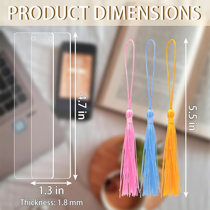 DSYIL 40 PCS Acrylic Bookmarks Blanks with 40 PCS Colorful Tassels, 1.8mm Thickness Rectangle DIY Clear Bookmark Bulk for Crafts Hanging Gift Tag Price Tags, 4.7 x 1.3 Inches