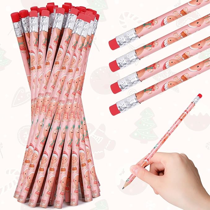 Whaline 36Pcs Christmas Pencils with Erasers Pink Gingerbread Man Writing Pencil Cute Cartoon Holiday Wood Pencil for Xmas Winter Stationery Party Favors Classroom Office School Stocking Stuffers Gift