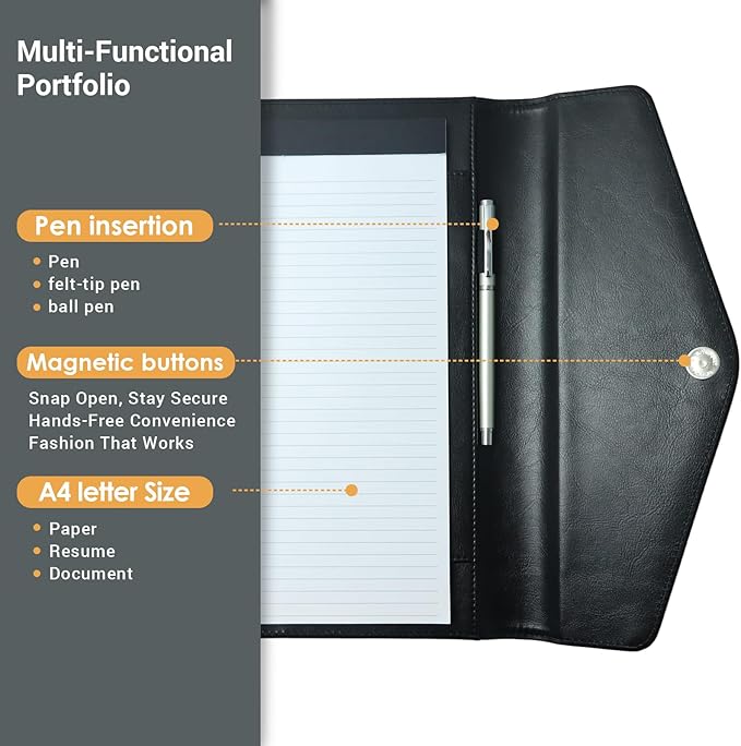 Professional Trifold Padfolio with Magnetic Closure – A4 Letter Portfolio Organizer for Business Meetings, Interviews & Presentations, Document Folder with Notepad Holder Black