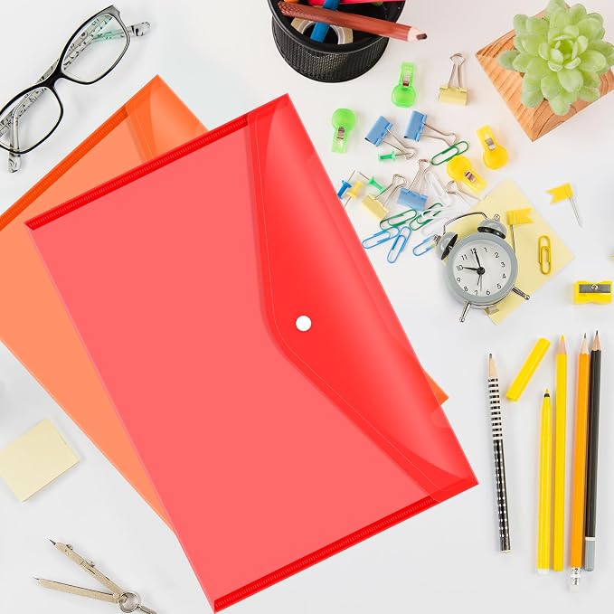 24pcs Plastic Filing Envelopes with Snap Button Closure ，Clear Document Folders for Letter A4 Size Files ，Poly Folders，for School and Office Supplies（6Color）