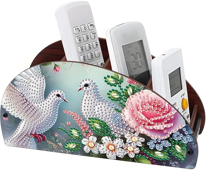 Remote Control Holder with 4 Compartments, DIY Diamond Art Painting Wooden Half Moon TV Control Holder for Remote Controllers, Office Supplies, Makeup Brush, Media Accessories-Pigeon-2