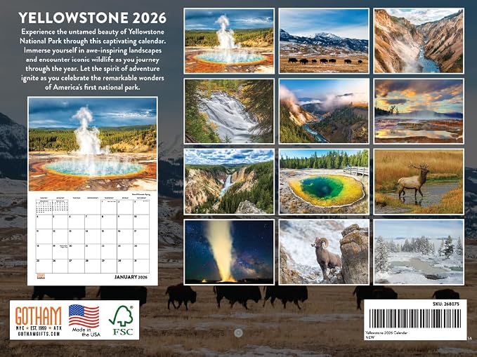 Yellowstone Calendar 2026 National Park Monthly Wall Calender 12 Month | American Made In The USA