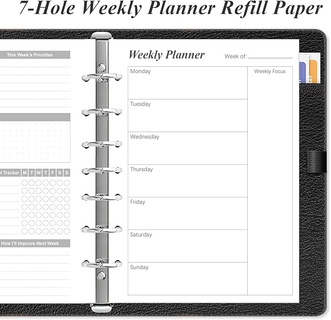 Weekly Planner Refills for 3 or 7 Ring Mini Binders - 53 Sheets/106 Pages Undated Weekly Planner, 100 gsm White Paper, Lasts 1 Year, Undated, 5.8" x 8.3", Black