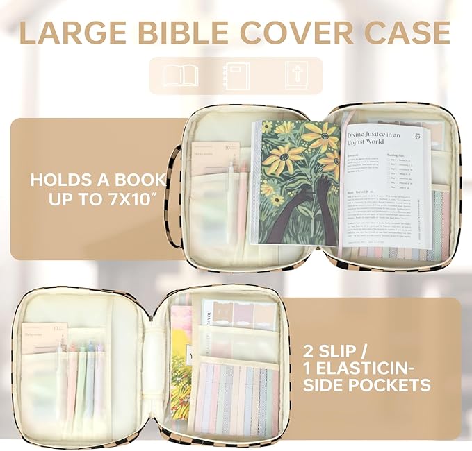 Bible Cover Case for Women Corduroy Bible Case for Girls Large Bible Cover with Handle Bible Study Supplies Accessories Christian Gifts for Women (Black Brown-Checkered, Medium)