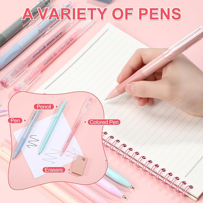 Eersida 74 Pcs Aesthetic School Supplies with Large Pencil Pouch 5 Ink Gel Pens 12 Highlighters 6 Mechanical Pencils 0.5mm 9 Color Pens 4 Note Pads Set for Student Stationary(Morandi,Bright Style)