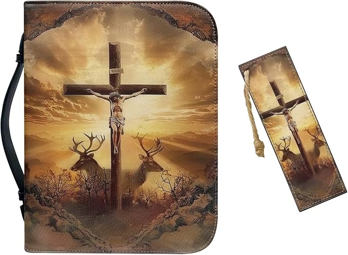 Bible Study Christian Gifts for Women Bible Cover for Men Church Bag with Handle Pu Leahter Bible Case(Deer Cross Sunset 2)