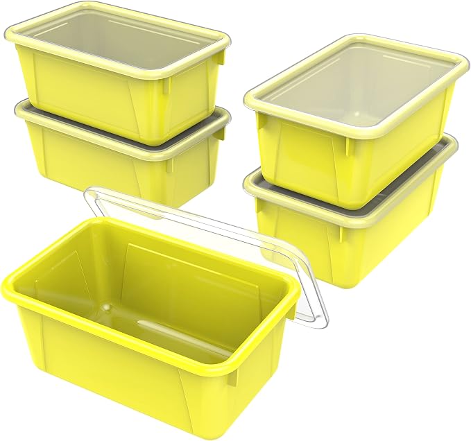 Storex Small Cubby Bins – Plastic Storage Containers for Classroom with Non-Snap Lid, 12.2 x 7.8 x 5.1 inches, Yellow, (62410U05C) (Pack of 5)
