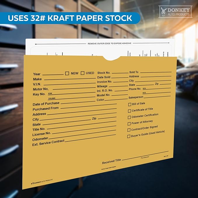 Printed Vehicle Deal Envelopes 9x12 Deal Jackets (100 shrink wrapped) (Buff)