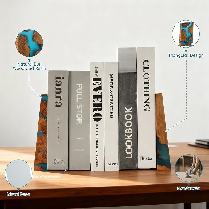 Glow in The Dark Bookends, Wood Bookends for Shelves,Blue Luminous Book Ends with Burl Wood and Resin,Decorative Book Stopper Binder and Dividers, Blue, Large,Unique Desk Decor for Home Office Library