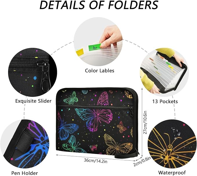 ALAZA Colorful Butterfly Expanding File Folder, 13 Pockets Expandable Document Organizer Folder with Zipper Closure for Home Office A4 Letter Size Paper Document