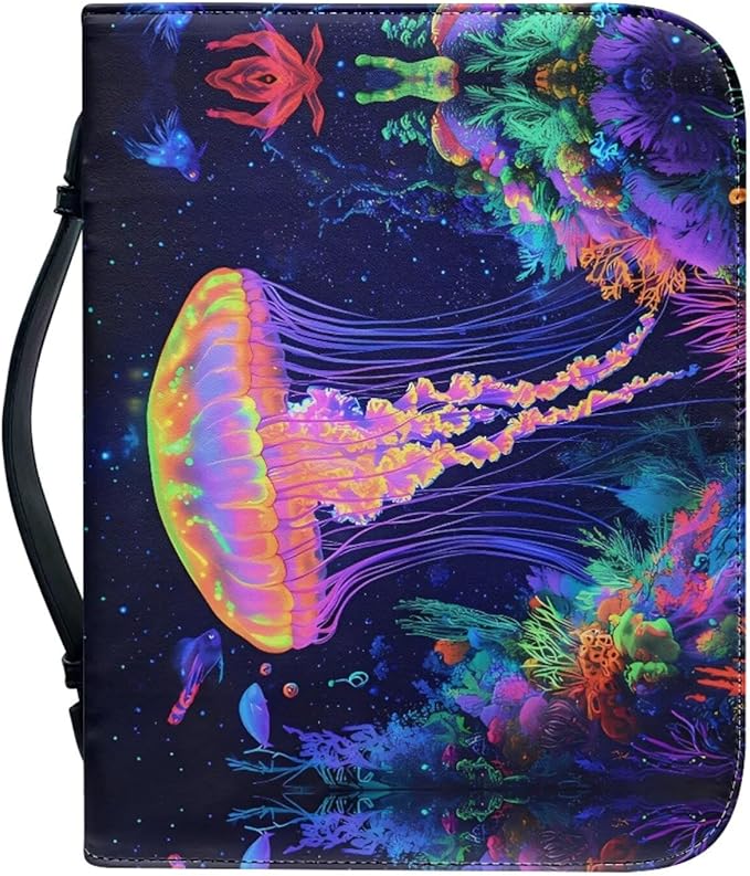 Jellyfish Print Bible Bag with Bible Cover Case for Women，Bible Carrying Book Case with Handle Fits for Standard Size Bible-Size XL