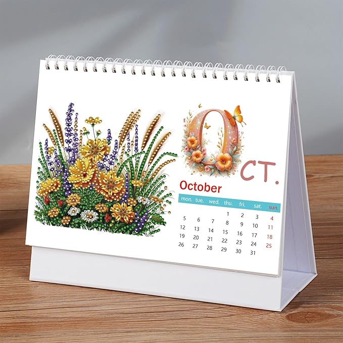 2026 Standing Desk Calendar DIY Diamond Art Painting Monthly Flip Desktop Calendar with To Do List Calendars Planner for Home Office-2026 Flowers