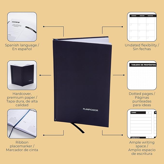 Spanish Weekly Planner & Habit Tracker – Undated 6"x9" Agenda en Español – Goal Setter, Monthly & Daily Organizer – Navy Blue Hardcover