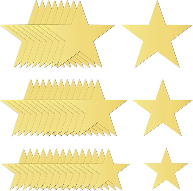 120 PCS Glitter Gold Five Star Cutouts Paper Star Cutouts Star Cutouts for Bulletin Board Stars Classroom Wall Party Decoration Supply 3 Sizes 3.1inch 4.7inch 6.2inch