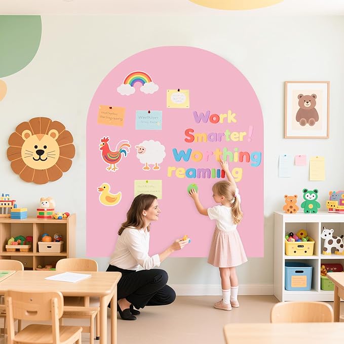 Magnetic Wall Decal for Kids 40x32 Inch Self Adhesive Magnet Arch Chalkboard for Wall Pink Chalkboard Contact Paper Peel and Stick with Letters and 12 Color Liquid Chalk for School Playroom