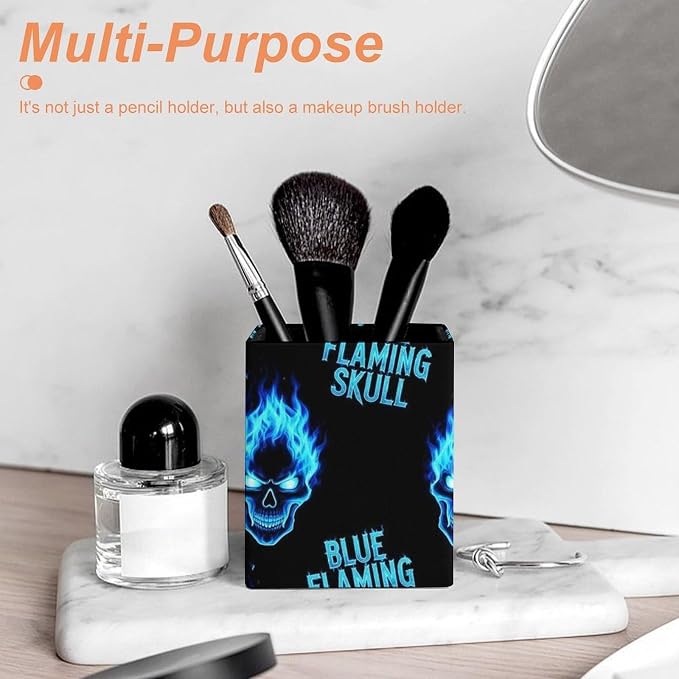 Holder Cup Makeup Brush Storage Organizer, Waterproof Multifunctional Office Supplies, Pen Holder Square Leather Pencil Blue Flaming Fire Skull
