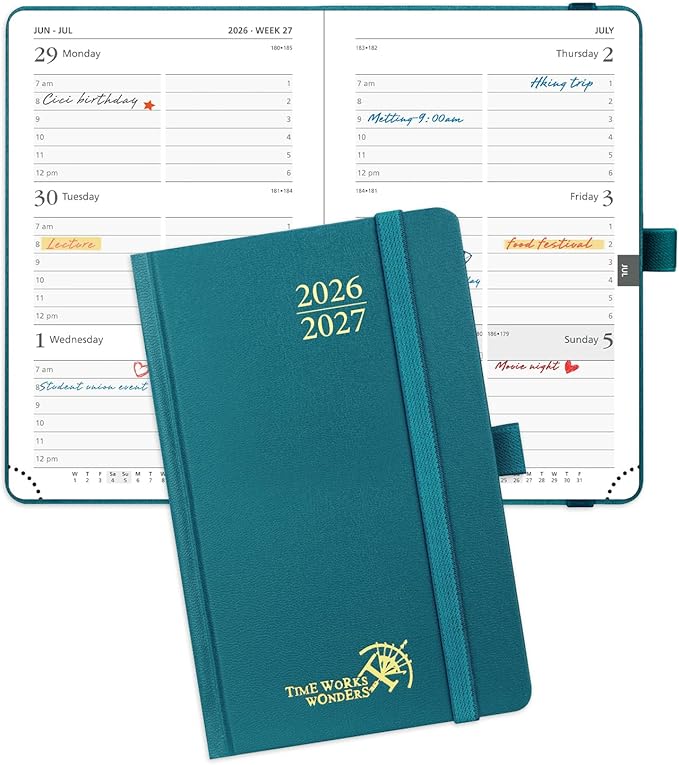 POPRUN 2026-2027 Academic Small Weekly Planner, 4" x 6.25" Purse Size Calendar, July 2026 to June 2027, Hardcover Appointment Book with Horizontal Layout, Hourly Time Slots - Pacific Green