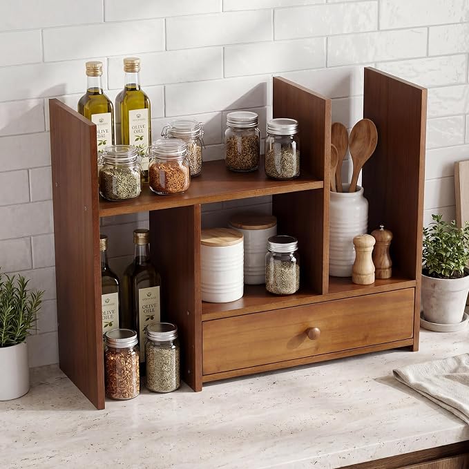 Nuanchu Desk Shelves Desktop Organizer Shelf with Drawer Rustic Office Organization Adjustable Detachable Table Top Shelving Small Hutch Corner Bookshelf for Office Home School