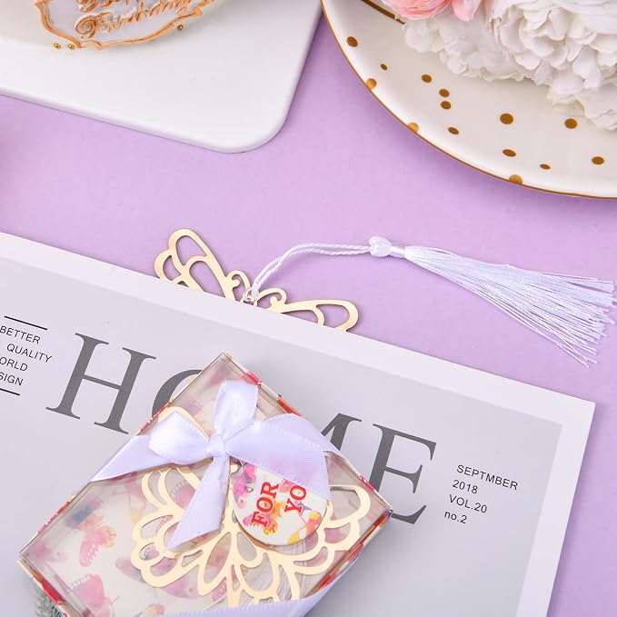 60 Pcs Gold Butterfly Metal Bookmarks with Elegant Silk Tassel, Creative Butterfly Bookmarks with Gift Box, for Book Lover Baby Shower Return Gifts Wedding Party Favors Decorations Guests Souvenirs