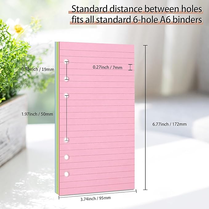 A6 Planner Inserts,Colorful Line Journal Fillers for 6-Ring Binder,5-Color Loose Leaf Planner Filler Paper (100, A6-LINED)
