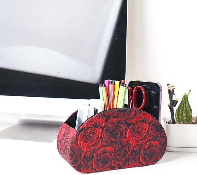 QIELIZI Remote Control Holder, PU Leather Remote Caddy Desktop Organizer with 5 Spacious Compartments for TV Remotes/Media Controllers/Office Supplies (1-3D Rose Red