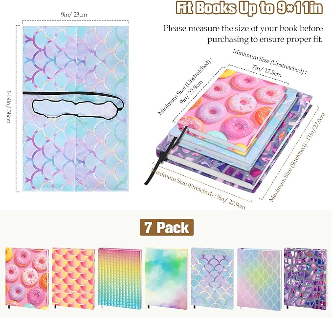 Moko 7PCS Stretchable Book Covers, Reusable Jumbo Cover Protector for Textbook Hardcover Books up to 9 x 11 in, Fabric Book Sox, Back to School Supplies, Fishscale Pattern