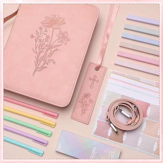 19PCS Floral Pink Leather Bible Cover for Women Bible Cover Cases for Teen Girls Christmas Gift Christian Bags Journaling Kit with Shoulder Strap Highlighter Pens & Book Marker 10.47 * 7.48 * 2.17in
