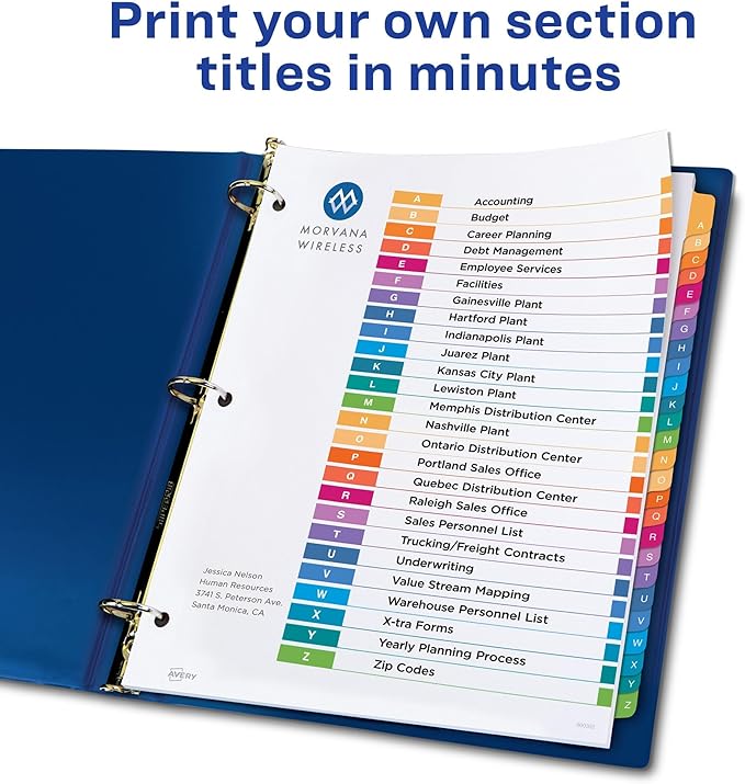 Avery A-Z Dividers for 3 Ring Binders,26 Tabs per Set,Customizable Table of Contents,Multicolor Tabs,Great for Organizing Reports,Projects,and More (11125),(Pack of 12)