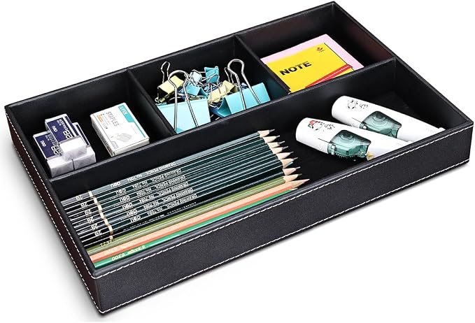KINGFOM Pu Leather Desk Organizer Tray, 4 Compartment Office Storage Supplies Stationery Drawer Tray, Nightstand Bedside Tray for Key, Wallet, Sunglass, Watch, Coin, Phone Valet Tray Stackable Black