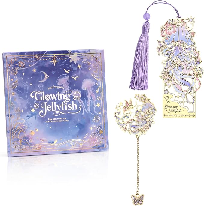 2 Pcs Metal Bookmark Gift Box, Golden Hollow Bookmarks Ocean Painting Theme Book Mark for Women, Book Lovers Writers Readers and Teens, Perfect for Birthday and Graduation Gifts(Purple)