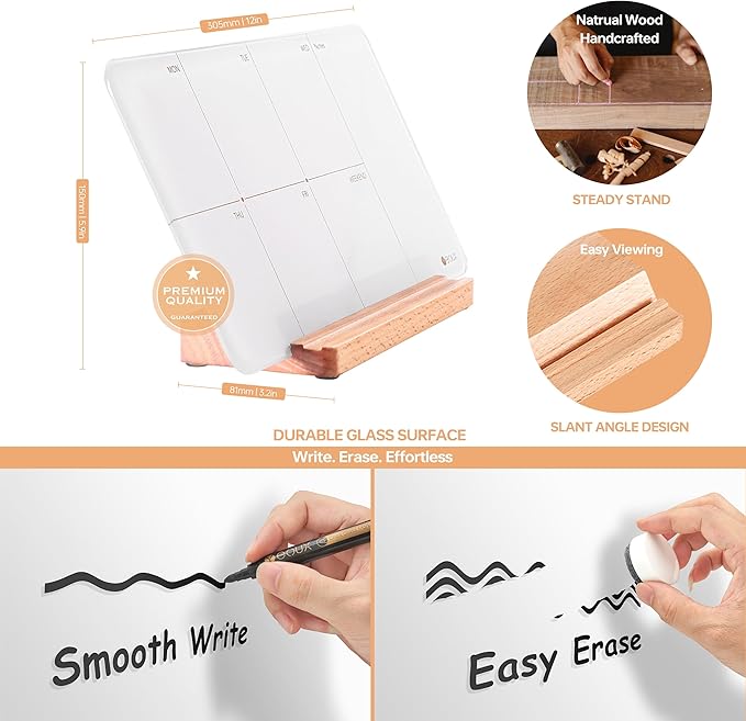 Desktop Glass Weekly Planner Whiteboard with Detachable Wood Stand,Small Portable Dry Erase Calendar to Do List White Board 12x6 for Office, Home, Schools, Marker&Eraser Included, Yeoux