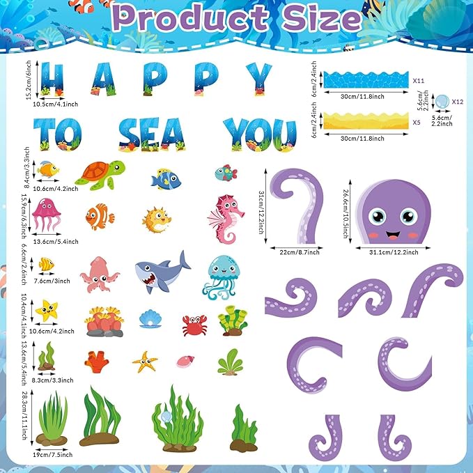 Ocean Bulletin Board Set Under the Sea Summer Classroom Bulletin Board Decoration Octopus Fish Animals Cutouts Ocean Wave Border Happy to Sea You Cutout for Education Craft Back to School Supply Decor