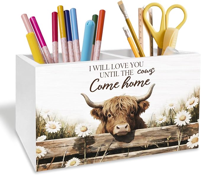 Farmhouse Daisy Highland Cow Pen Holder for Desk, Highland Cow Gifts Pencil Organizer, Rustic Floral Heifer Wooden Box Sign Desk Decor for Kids Girls Room Nursery Decoration