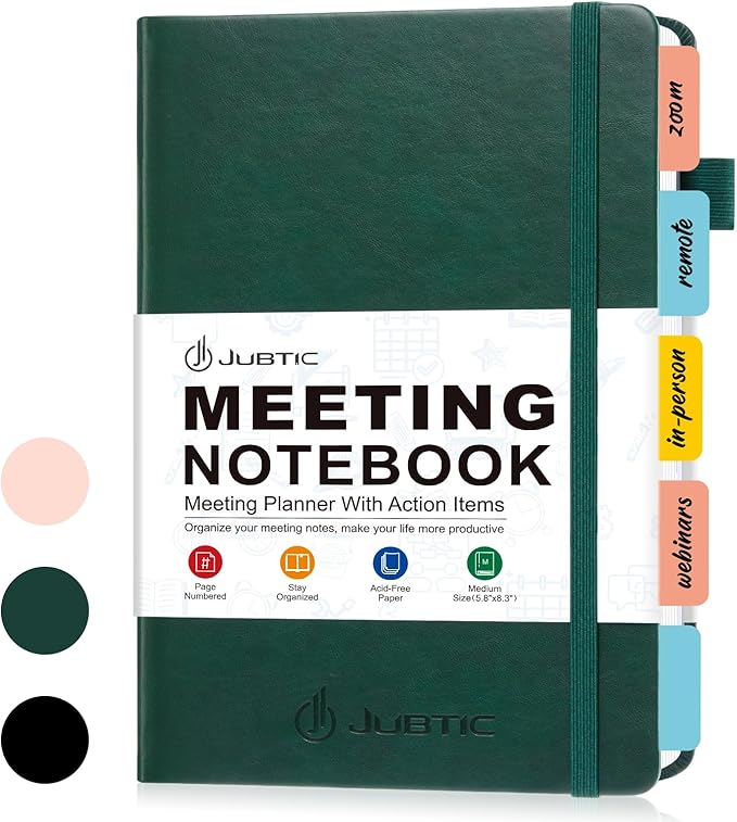 JUBTIC Meeting Notebook for Work with Action Items, Leather Project Planner Meeting Notes Notebook, Work Planner Agenda Organizer for Women Men Office/Business Supplies,160 Pages (5.8”x8.3") - Dark