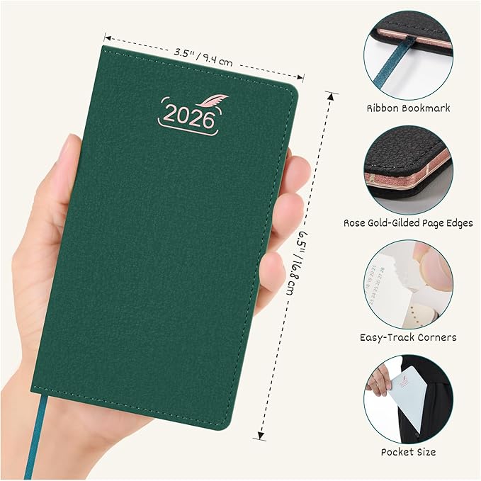 BEZEND Pocket Monthly Planner 2026, Small Calander Book 3.5" x 6.5" Runs Dec 25 to Jan 27, 14-Months Slim Planner for Purse with Rose Gold-Glided Paper Edge & PU Leather Softcover in Evergreen