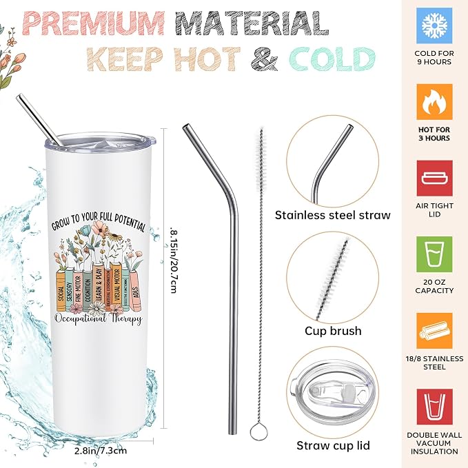 Fuutreo 3 Pcs Occupational Therapist Appreciation Gifts for Women, 20 oz Stainless Steel Tumbler Cup with Lid Canvas Tote Bag Leather Journal Thank You Gifts for OT Occupational Therapist Week