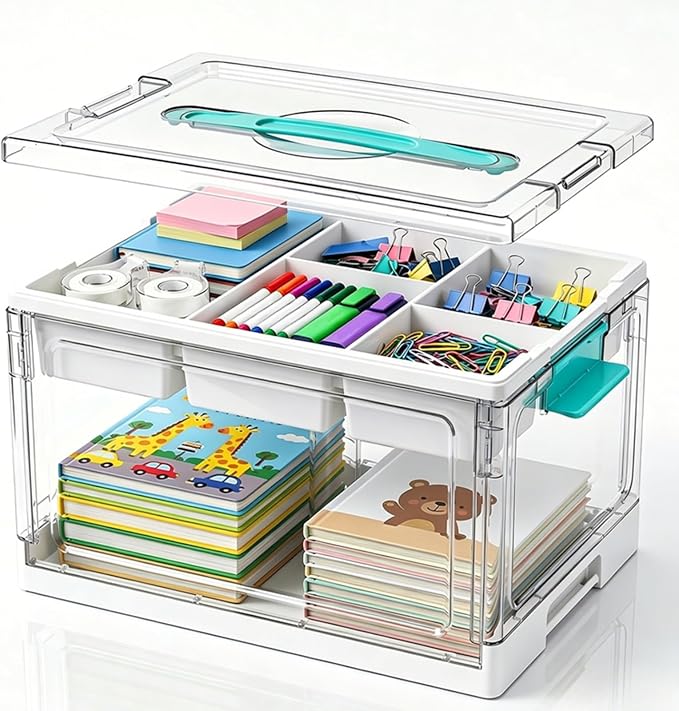 Tebery 2 Tier Plastic Craft Storage Organizer, Clear Foldable Arts Supply Container Box with Adjustable Dividers, Portable Sewing Tools Bin with Lids and Handle for Home, Office, Travel