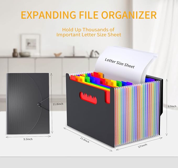 Expanding File Folders Accordion File Organizer,24 Pockets Accordian Document Folder Letter Size,Expandable Filing Boxes,Bill,Receipt Paper and Documents Organizer with Tabs,Light-Duty,for Portable