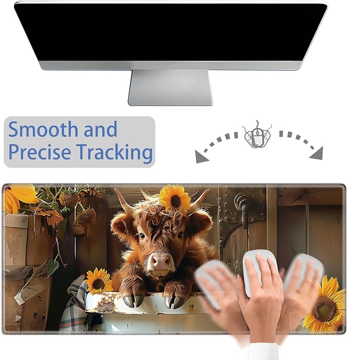 Mouse Pad Gaming Mousepad 31.5x11.8 Inch XXL Large + Coasters,Desk Mat with Stitched Edges, Non-Slip Rubber Base, Thick Mouse Pad for Computer, Laptop, Office & Home - Highland Cow Sunflower