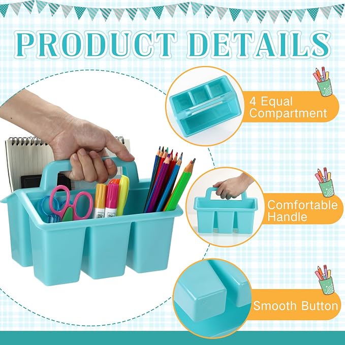 WILLBOND 12 Pcs Classroom Storage Caddies Stackable Utility Caddies with 4 Compartment Plastic Caddy with Handle Portable Storage Bins Organizers for Kids Schools Art Craft Supplies