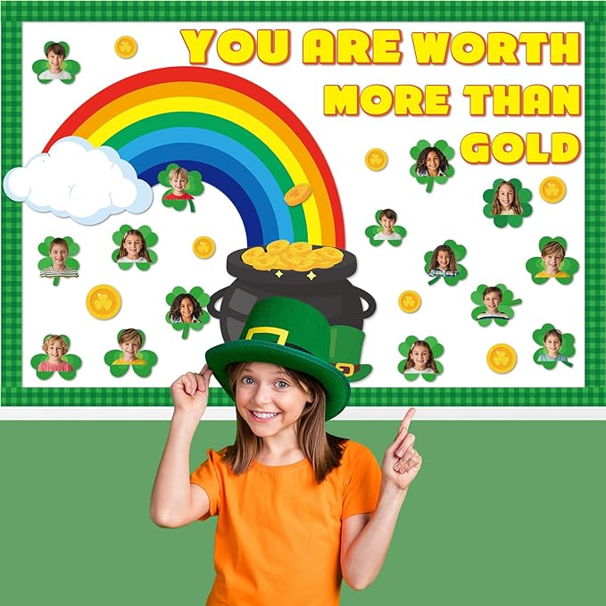 Lonfliness 111Pcs St. Patrick's Day Bulletin Board Classroom Decorations Shamrock Cutouts Gold Coin Bulletin Board for Teacher Nursery Classroom Door Wall Craft Photos Decor St. Patrick Party Supplies