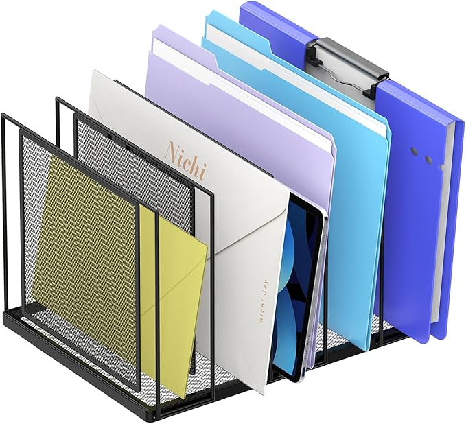 Desk File Organizer, 5 Section Vertical Metal File Organizer for Desk, Desktop File Organizer Stand, Paper Folder Organizer for Office Home Classroom Storage (Black, 5 Section)