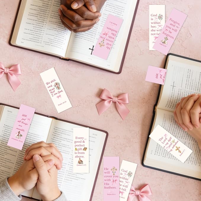 100 Pcs Christian Bookmarks, Religious Pink Bow Cross Flower Paper Bookmark Bulk for Women, Inspirational Bible Verse Book Mark Gift for Reading Lovers Church Accessories