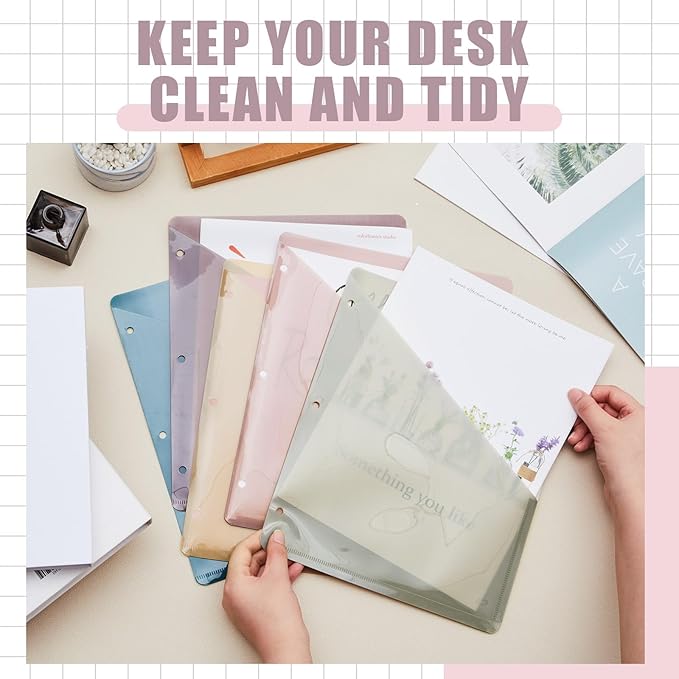 Maitys 50 Pack Binder Pockets 3 Hole Punch Clear Plastic Document Folders Binder Organizer Store Letter Size 8.5x11 Inch Paper Folders with Pockets Slash File Jacket for Office (Morandi Color)